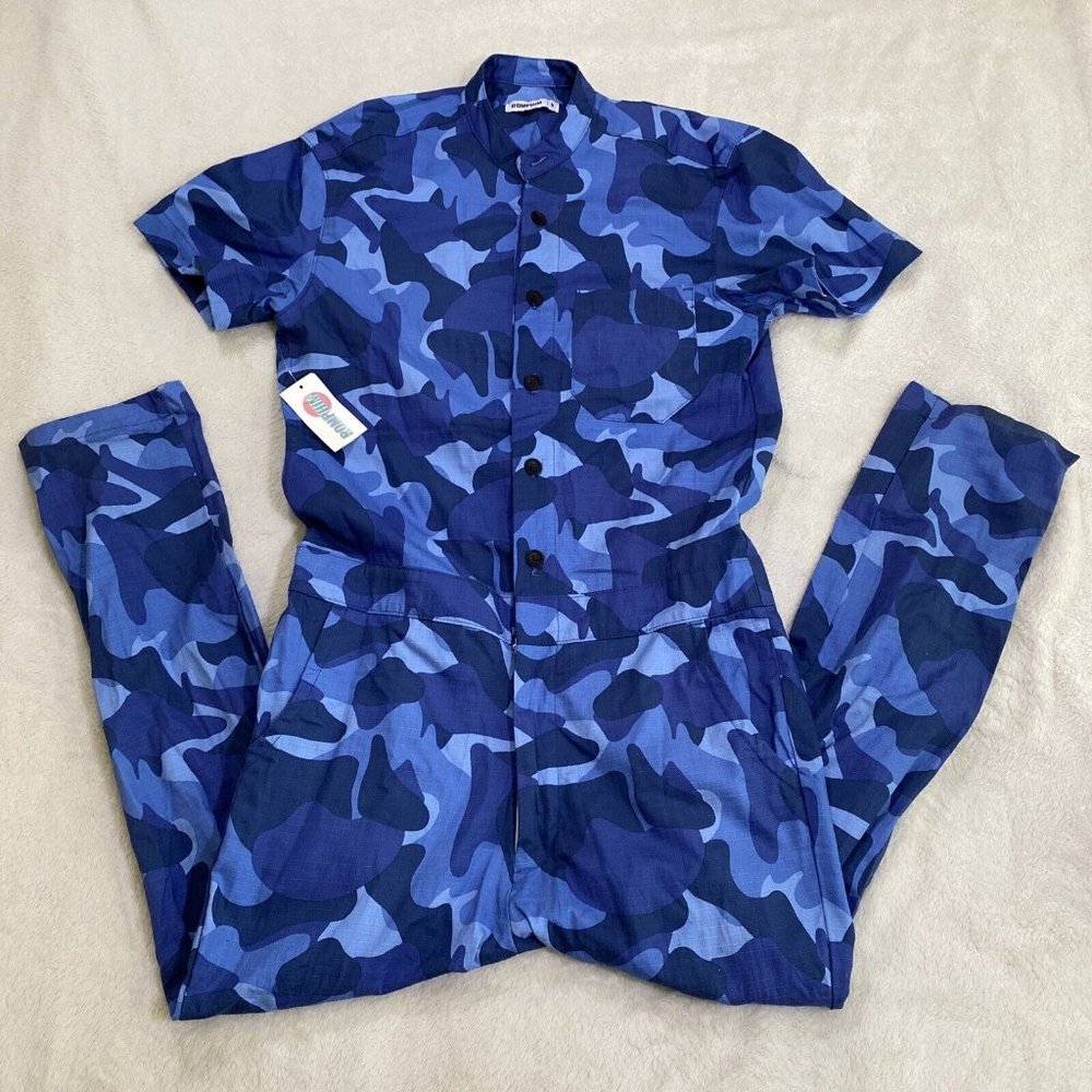 NWT Romphim Blue Camo Rompsuit Romper Small 25" Inseam Button Up Snap Waist USA